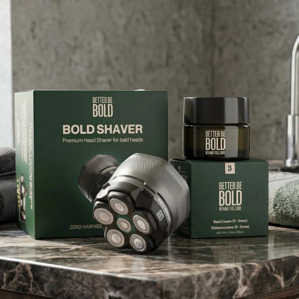 BETTER BE BOLD I "Bold Shaver Set 3.0 - Glatzenrasierer + After Shave Glatzenpflege 2.0 I Set gegen Glanz, Pigmentflecken & Trockenheit – Mit Glatzencreme, Glatzenpeeling, Shampoo & Aftershave