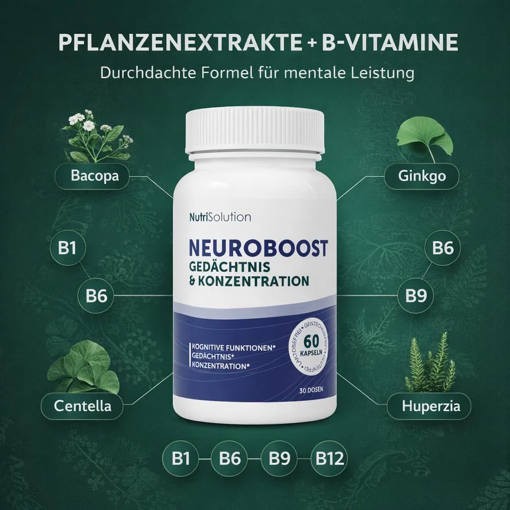 NeuroBoost: Nahrungsergänzungsmittel mit Ginkgo biloba, Vitamin B12 & Kräuterextrakten – Gedächtnis, Konzentration & kognitive Gesundheit – 60 vegane Kapseln (60)