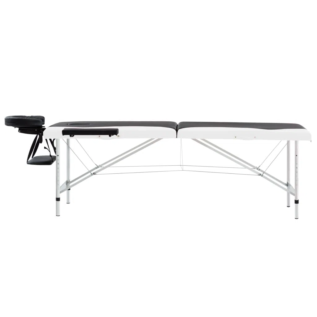 Klappbare Massageliege mit 2 Zonen Aluminiumgestell Schwarz Weiß höhenverstellbar, tragbar, leicht, für Praxis Studio Spa Wellness Physiotherapie Tattooliege Kosmetikliege